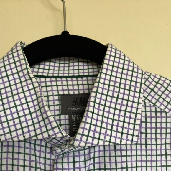 H&M Easy Care Men’s Button Up Cotton Shirt Checkered Green/Purple/White SZ S15 - Picture 6 of 11